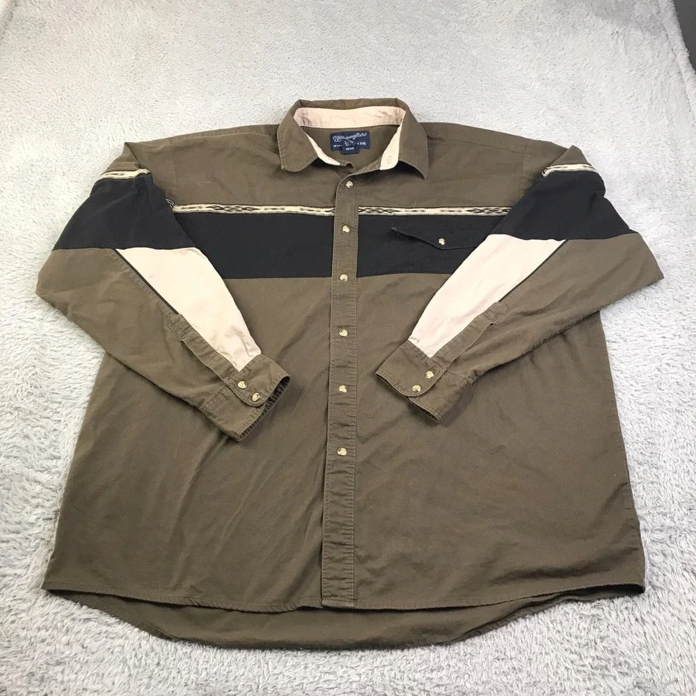 Wrangler Western Shirt Mens 2XL Olive Green Chest Sleeve Stripe Button Up‎ LS